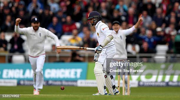 Sri Lanka batsman Kusal Mendis reacts after being bowled by James Anderson during day three of the 1st Investec Test match between England and Sri...