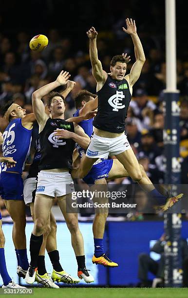 Andrejs Everitt of the Blues attempts to mark the ball during the round nine AFL match between the North Melbourne Kangaroos and the Carlton Blues at...