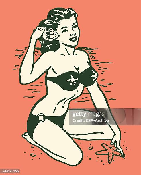 woman in bikini at beach - pin up girl stock illustrations