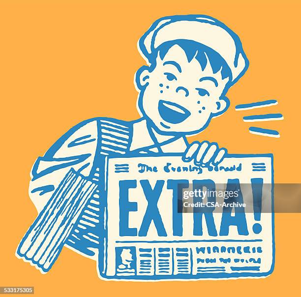 junge mit extra version der zeitung - zeitungsausträger stock-grafiken, -clipart, -cartoons und -symbole