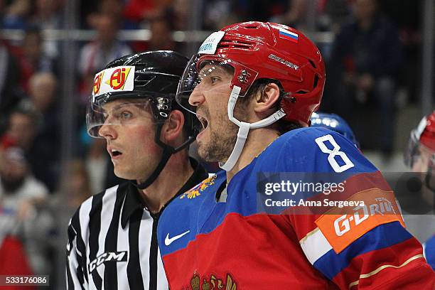 Alexander Ovechkin of Russia exchange the words with referee Jozef Kubus after getting penalty at Ice Palace on May 21, 2016 in Moscow, Russia.