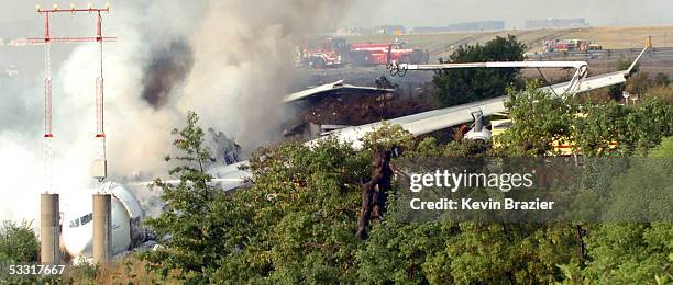 An Air France A340 burns after running off the runway at Pearson International Airport August 2, 2005 in Toronto, Canada. The passenger jet burst...