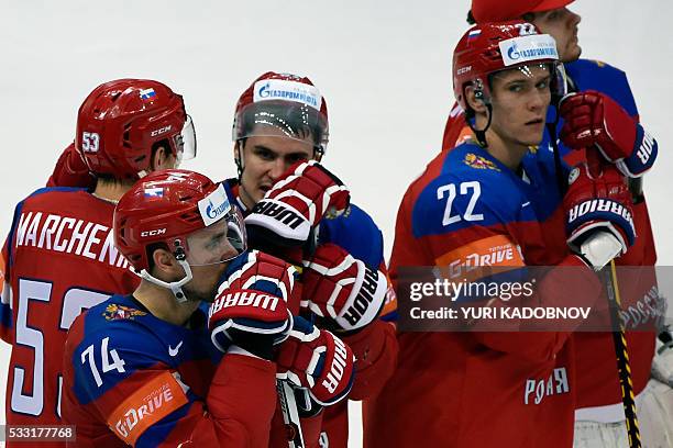 Russia's players react after losing the semifinal game Finland vs Russia at the 2016 IIHF Ice Hockey World Championship in Moscow on May 21, 2016. /...