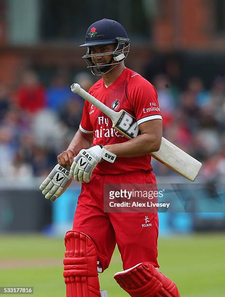 Alviro Petersen of Lancashire walks off after being bowled out by Alex Hughes of Derbyshire during the NatWest T20 Blast between Lancashire and...