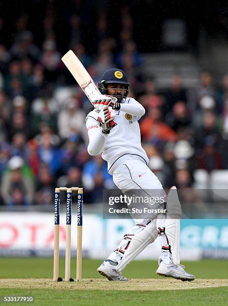 Sri Lanka batsman Lahiru Thirimanne hits out during day three of the 1st Investec Test match between England and Sri Lanka at Headingley on May 21,...