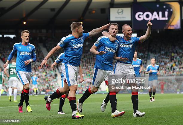 Andrew Halliday of Rangers celebrates after scoring their second goal during the Scottish Cup Final between Rangers and Hibernian at Hampden Park on...