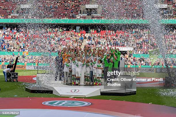 Team VFL Wolfsburg raises the DFB Cup during the ceremonies at Rhein Energie Stadion during the Women's DFB Cup Final 2016 match between SC Sand and...