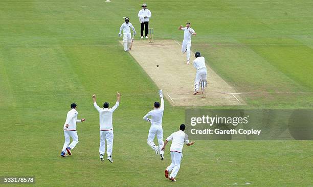 James Anderson of England celebrates dismissing Dimuth Karunaratne of Sri Lanka during day three of the 1st Investec Test match at Headingley on May...