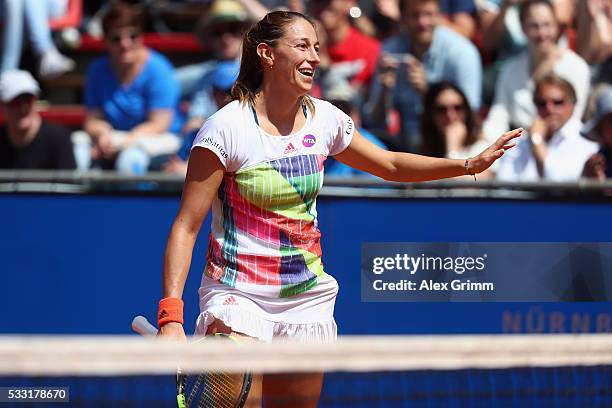 Mariana Duque-Marino of Colombia reacts during her singles final match against Kiki Bertens of Netherlands on day eight of the Nuernberger...