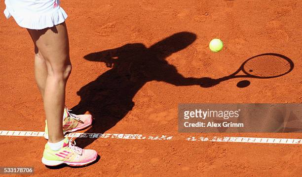 Mariana Duque-Marino of Colombia prepares for a service during her final match against Kiki Bertens of Netherlands on day eight of the Nuernberger...
