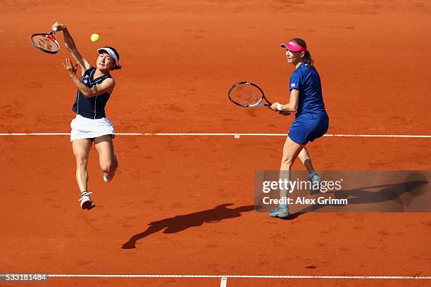 Shuko Aoyama of Japan and Renata Voracova of Czech Republic in action during their doubles final match against Kiki Bertens of Netherlands and...