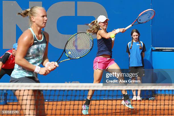 Kiki Bertens of Netherlands and Johanna Larsson of Sweden in action during their doubles final match against Shuko Aoyama of Japan and Renata...