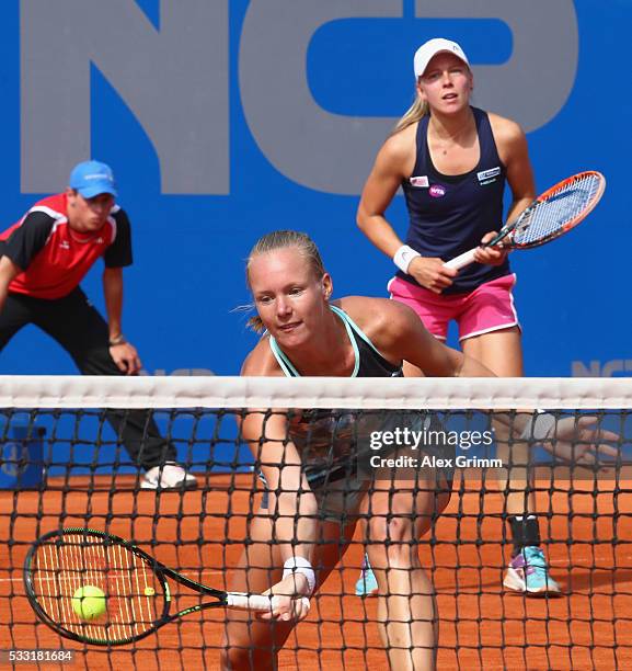 Kiki Bertens of Netherlands and Johanna Larsson of Sweden in action during their doubles final match against Shuko Aoyama of Japan and Renata...