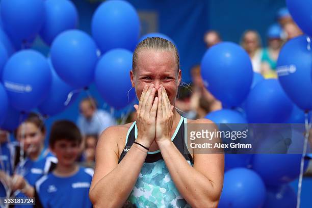 Kiki Bertens of Netherlands reacts after winning her singles final match against Mariana Duque-Marino of Colombia on day eight of the Nuernberger...