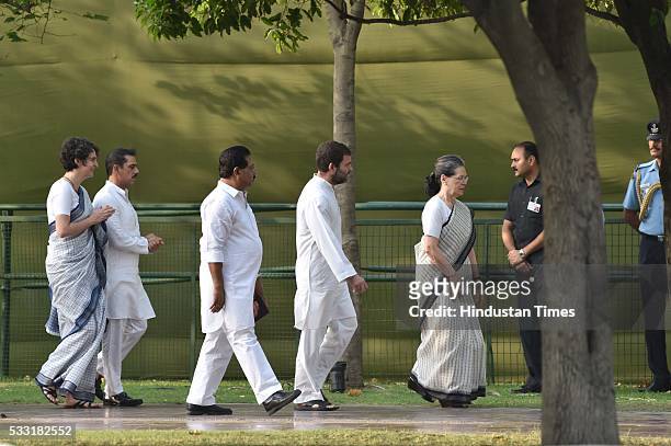 Congress President Sonia Gandhi accompanied by party Vice President Rahul Gandhi, daughter Priyanka Gandhi and Robert Vadra arrives to pay tributes...