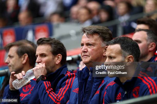 Frans Hoek goalkeeping coach of Manchester United, Albert Stuivenberg coach of Manchester United, Louis van Gaal manager of Manchester United, Ryan...