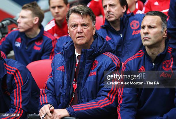 Louis van Gaal Manager of Manchester United and Ryan Giggs Assistant Manager of Manchester United are seen prior to The Emirates FA Cup Final match...