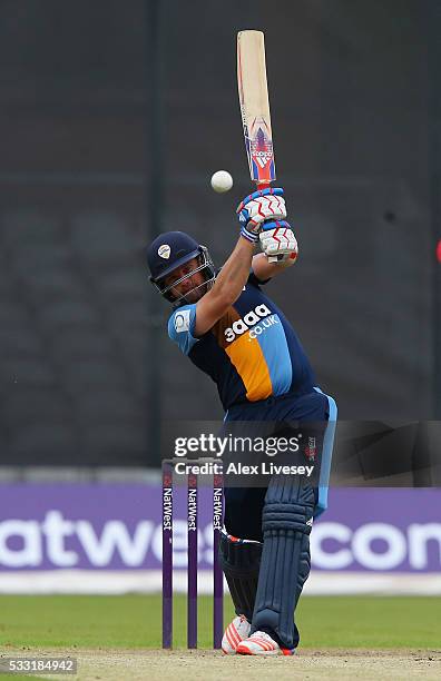 Wes Durston of Derbyshire plays a shot during the NatWest T20 Blast between Lancashire and Derbyshire at Old Trafford on May 21, 2016 in Manchester,...