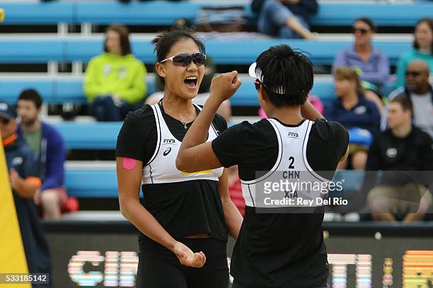 Chen Xue and Xinyi Xia of China celebrates after defending Sophie van Gestel and Jantine van der Vlist of the Netherlands during day 5 of the 2016...