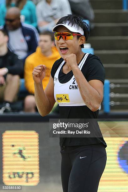 Chen Xue of China reacts to a point during her match against Sophie van Gestel and Jantine van der Vlist of the Netherlands during day 5 of the 2016...