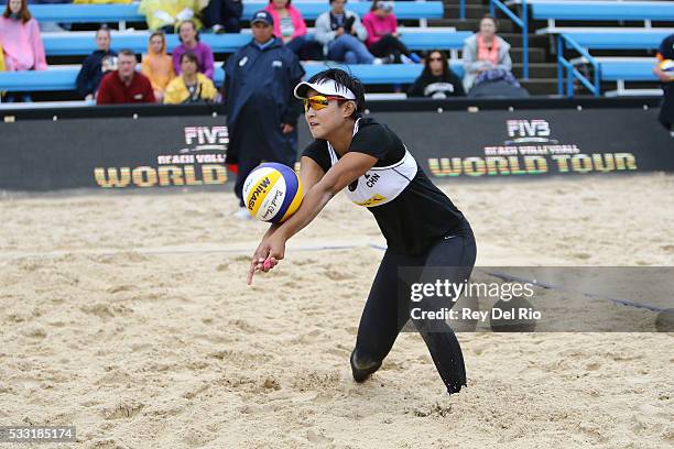 Xinyi Xia of China digs for the ball during her match against Sophie van Gestel and Jantine van der Vlist of the Netherlands during day 5 of the 2016...