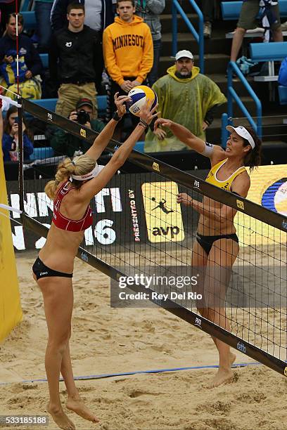 Kerri Walsh Jennings of the USA blocks a spike by Liliana Fernandez of Spain Elsa Baquerizo during day 5 of the 2016 AVP Cincinnati Open on May 21,...