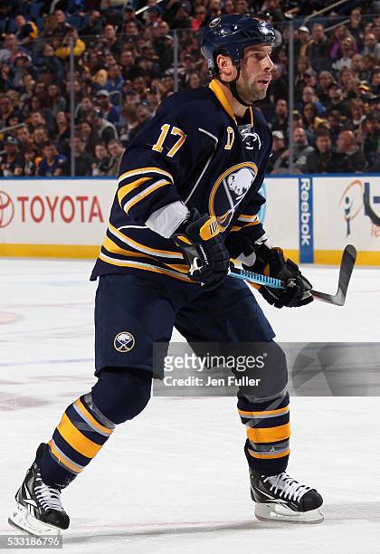 David Legwand of the Buffalo Sabres plays in the game against the Tampa Bay Lightning at First Niagara Center on October 10, 2015 in Buffalo, New...