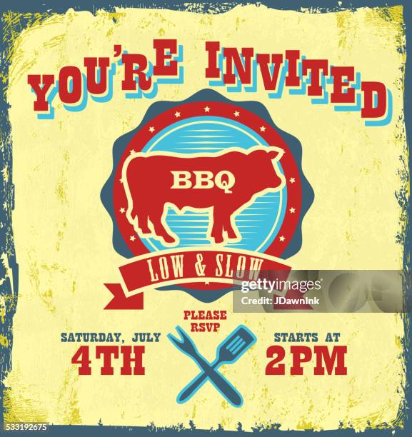 all-american bbq themed invitation design on textured background - smokehouse stock illustrations