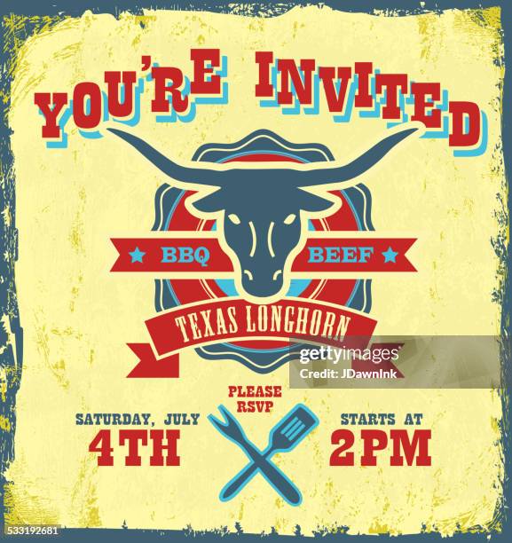all-american bbq themed invitation design with steer silhouette - texas longhorn stock illustrations