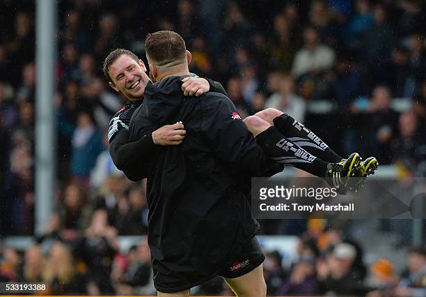 Luke Cowan-Dickie and Will Chudley of Exeter Chiefs celebrate reaching the Aviva Premiership Final at the end of the Aviva Premiership semi final...