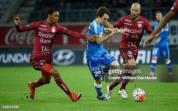 Diallo Abdou defender of SV Zulte Waregem and Raman Benito forward of KAA Gent with De Ridder Steve midfielder of SV Zulte Waregem pictured during...