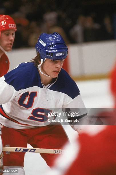 American professional hockey player Neal Broten of Team USA in action during an 1980 exhibition game against the Soviet Union on February 9, 1980 at...