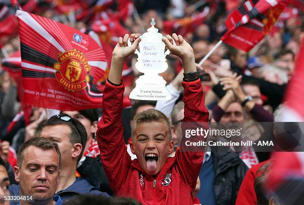 Manchester united fan with a homemade FA Cup trophy during The Emirates FA Cup final match between Manchester United and Crystal Palace at Wembley...