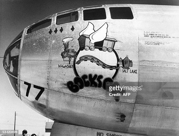 This file photo taken 29 March 1946 in Roswell, New Mexico shows the US military airplane nicknamed Bockscar which dropped the atomic bomb on...