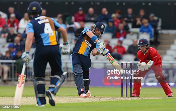 Hamish Rutherford of Derbyshire plays a shot during the NatWest T20 Blast between Lancashire and Derbyshire at Old Trafford on May 21, 2016 in...