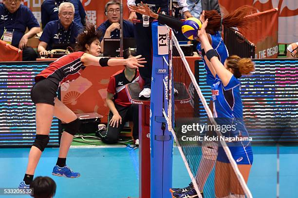 Saori Kimura of Japan spikes the ball during the Women's World Olympic Qualification game between Japan and Italy at Tokyo Metropolitan Gymnasium on...