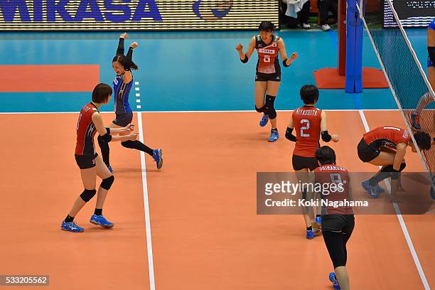 Saori Kimura of Japan spikes the ball during the Women's World Olympic Qualification game between Japan and Italy at Tokyo Metropolitan Gymnasium on...