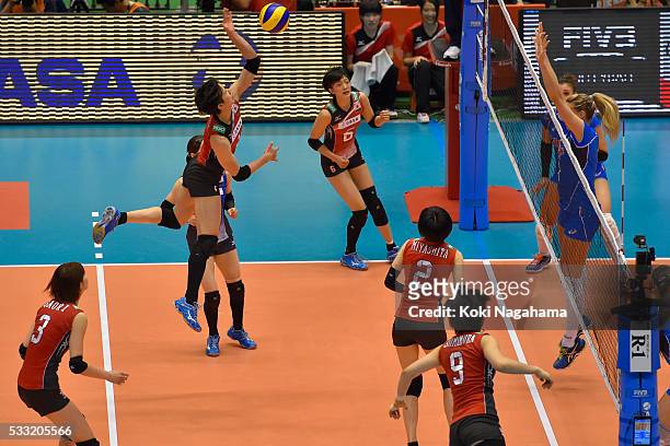 Saori Kimura of Japan spikes the ball during the Women's World Olympic Qualification game between Japan and Italy at Tokyo Metropolitan Gymnasium on...