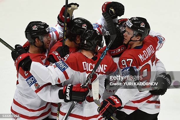 Canada's players celebrate a goal during the semifinal game Canada vs USA at the 2016 IIHF Ice Hockey World Championship in Moscow on May 21, 2016. /...