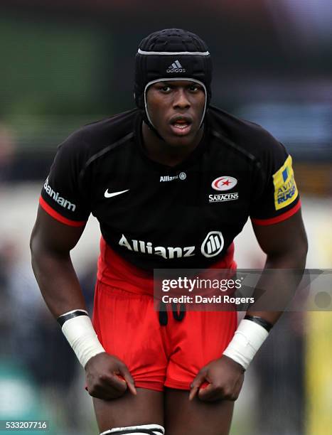 Maro Itoje of Saracens looks on during the Aviva Premiership semi final match between Saracens and Leicester Tigers at Allianz Park on May 21, 2016...