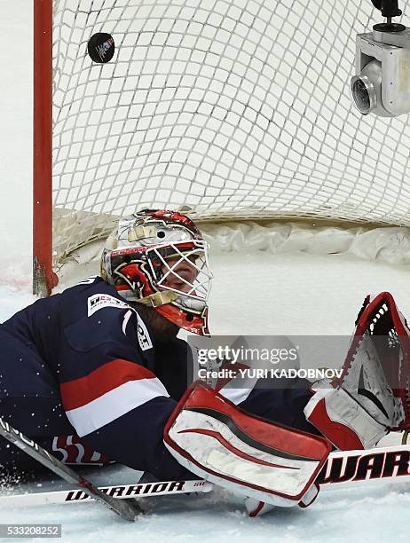 Goalie Keith Kinkaid lets the puck into his net during the semifinal game Canada vs USA at the 2016 IIHF Ice Hockey World Championship in Moscow on...