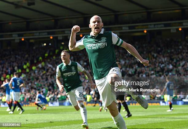 David Gray of Hibernian celebrates scoring the winning goal as Hibernian beat Rangers 3-2 during the William Hill Scottish Cup Final between Rangers...