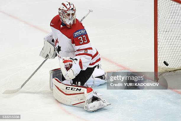 Canada's goalie Cam Talbot lets the puck into his net during the semifinal game Canada vs USA at the 2016 IIHF Ice Hockey World Championship in...