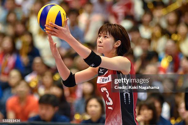 Saori Kimura of Japan serves the ball during the Women's World Olympic Qualification game between Japan and Italy at Tokyo Metropolitan Gymnasium on...