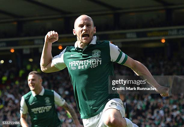 David Gray of Hibernian celebrates scoring the winning goal as Hibernian beat Rangers 3-2 during the William Hill Scottish Cup Final between Rangers...