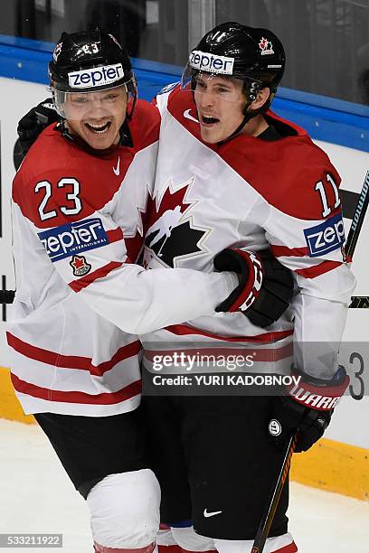 Canada's forward Sam Reinhart and Canada's forward Brendan Gallagher celebrate a goal during the semifinal game Canada vs USA at the 2016 IIHF Ice...