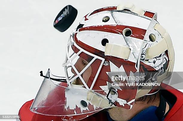 Canada's goalie Cam Talbot in action during the semifinal game Canada vs USA at the 2016 IIHF Ice Hockey World Championship in Moscow on May 21,...