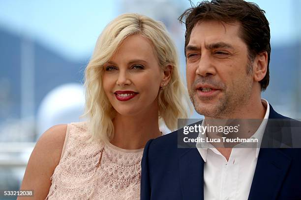 Actress Charlize Theron and actor Javier Bardem attend "The Last Face" Photocall during the 69th annual Cannes Film Festival at the Palais des...