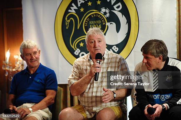 Terry McDermott and Peter Beardsley listen to David Johnson tell tales are at the Wallsend Boys Club Charity dinner at the Hong Kong Football Club...
