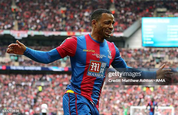 Jason Puncheon of Crystal Palace celebrates scoring a goal to make the score 1-0 during The Emirates FA Cup final match between Manchester United and...